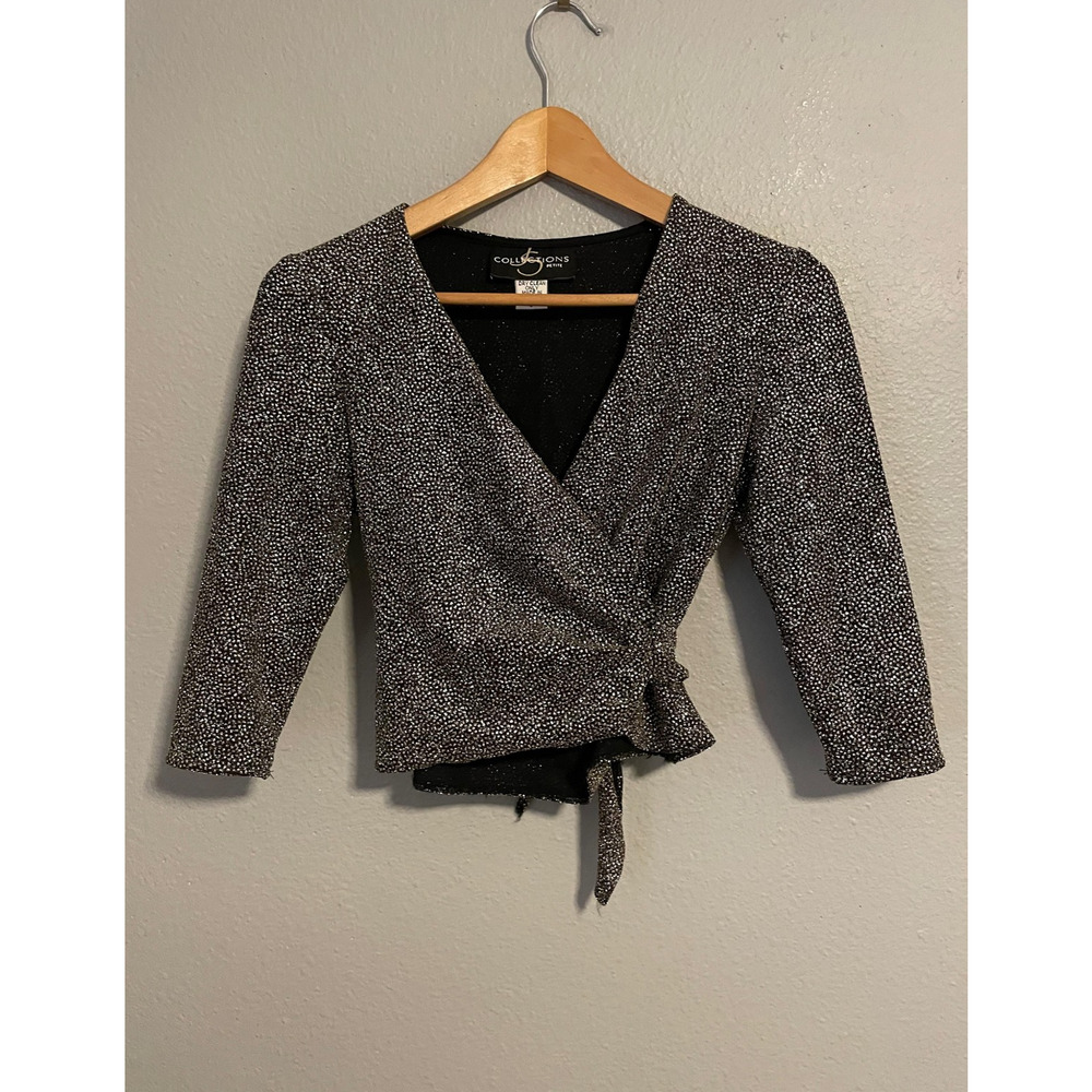 Vintage Womens Crop Top Petite Small Black Wrap 3/4 Sleeve Metallic Shimmer 90s